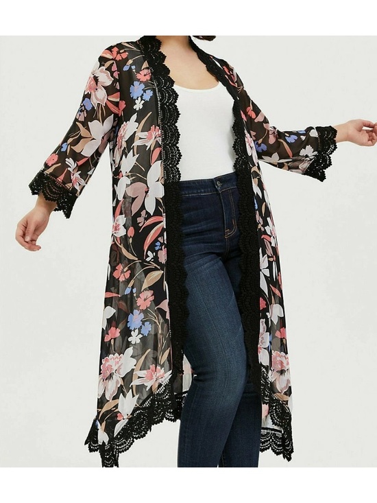 torrid Sweaters - Torrid Floral Lace-Trim Sheer Kimono Duster - Black Floral sz 1X